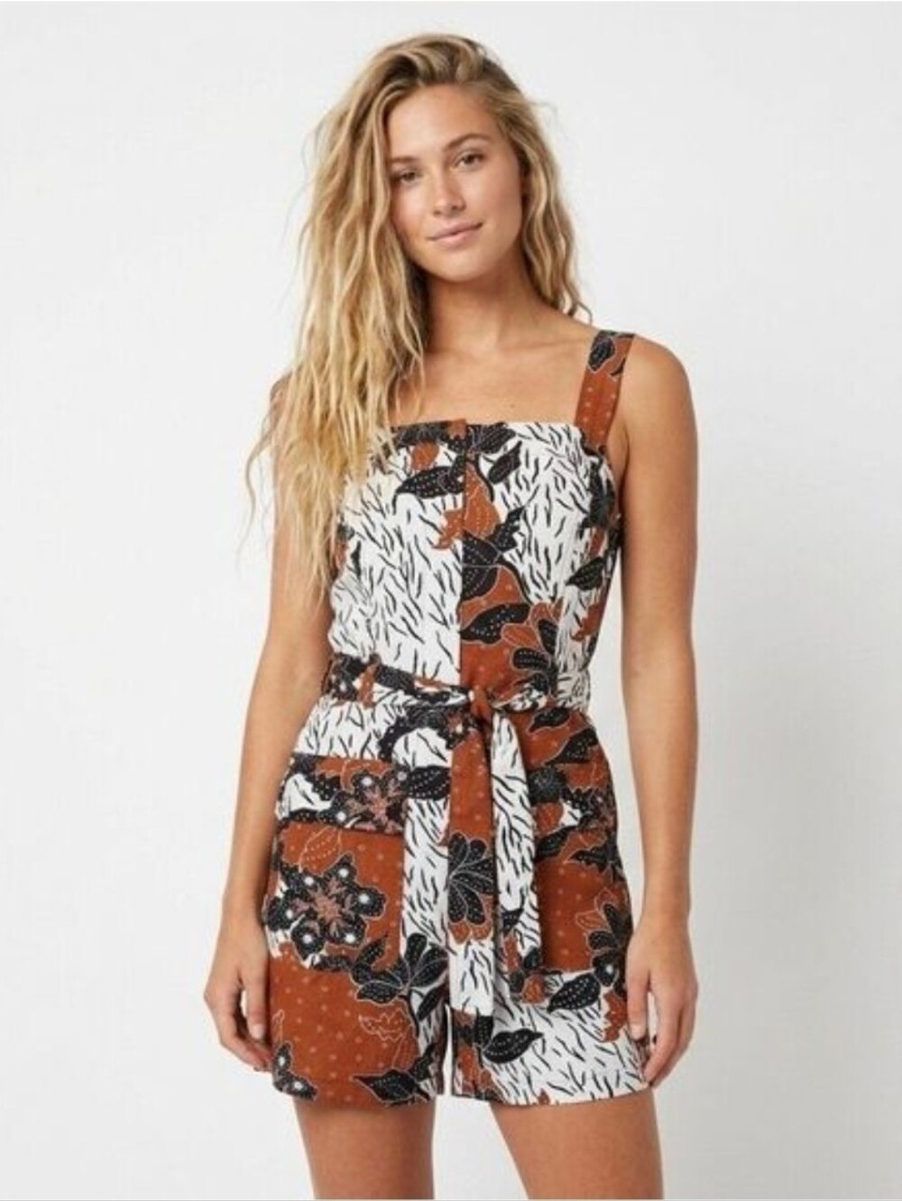 Women's Rust Floral Print Romper with Tie Waist